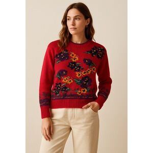 Vintage Hand Knit Floral Folk Sweater Red Cottagecore‎ 90s Karen Scott